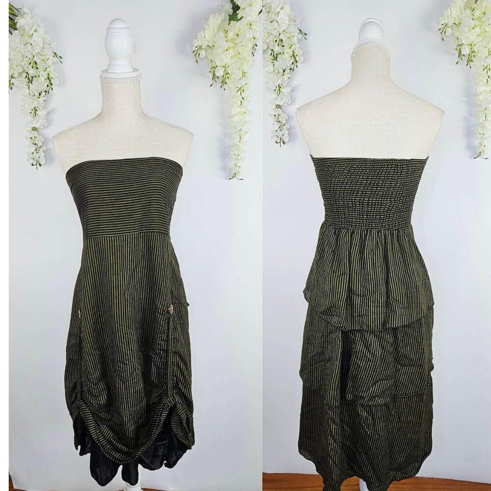 AVATAR Strapless Midi Dress Smal Olive Black Stripe Fairy Grunge Festival Pirate